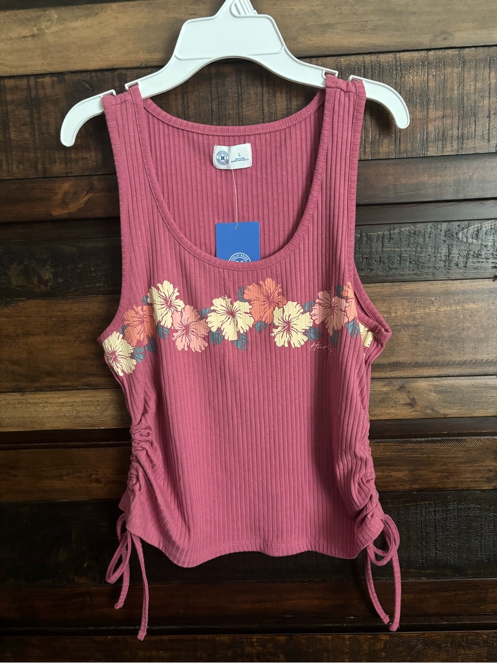 ✨NWT Girls Hurley Pink Ribbed Tank with Ruched Tied Sided & Floral Band Design✨